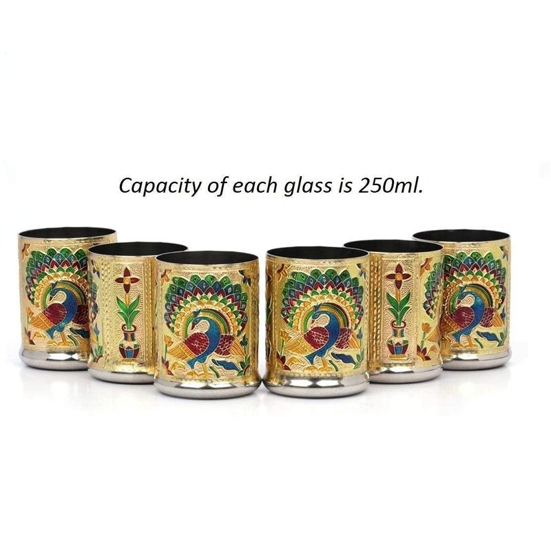 DIGIDEAL meenakari Peacock Desing Glass Stainless Steel Glass Set Water Glass Juice Glass Gold 6 pcs - Image 2