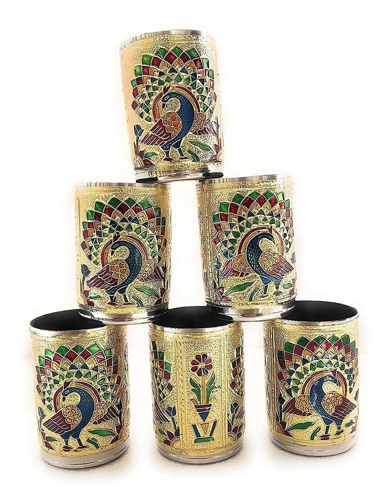 DIGIDEAL meenakari Peacock Desing Glass Stainless Steel Glass Set Water Glass Juice Glass Gold 6 pcs - Image 4