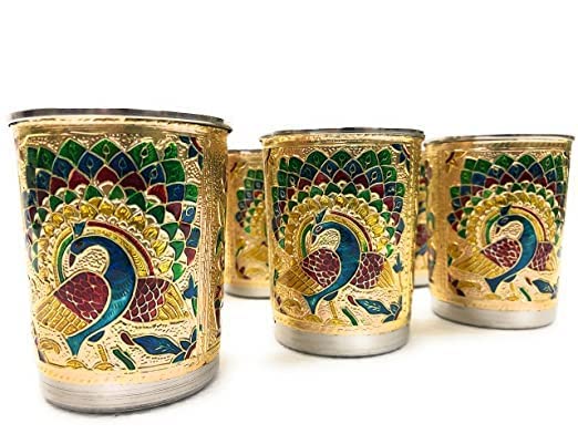 DIGIDEAL meenakari Peacock Desing Glass Stainless Steel Glass Set Water Glass Juice Glass Gold 6 pcs - Image 5