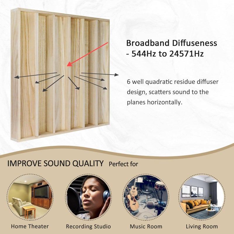 BXI Wood Sound Diffuser - 24 X 24 X 2.8 Inches Thick Acoustic Diffusion Panels Add Listening Room Musical Liveliness, Quadratic Residue Diffusor for Wall and Ceiling Acoustical Treatment (2D) - Image 3