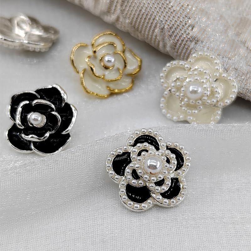 Metal Buttons, 18/23mm Camellia Buttons for Knitting Fashion Pearl Beaded Black White Metal Shank Button Sewing Accessories DIY - Image 2