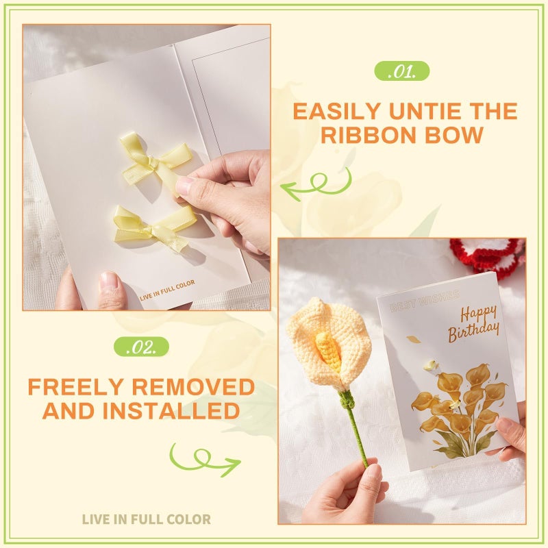 Ovesmusl Birthday Card for Women Refillable Handmade Crochet Flower for Her Birthday Gifts Calla Lily Happy Birthday Cards with Knitted Flowers for Girls, Friends - Image 2