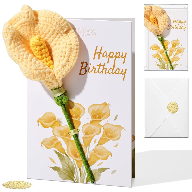 Ovesmusl Birthday Card for Women Refillable Handmade Crochet Flower for Her Birthday Gifts Calla Lily Happy Birthday Cards with Knitted Flowers for Girls, Friends - Image 1