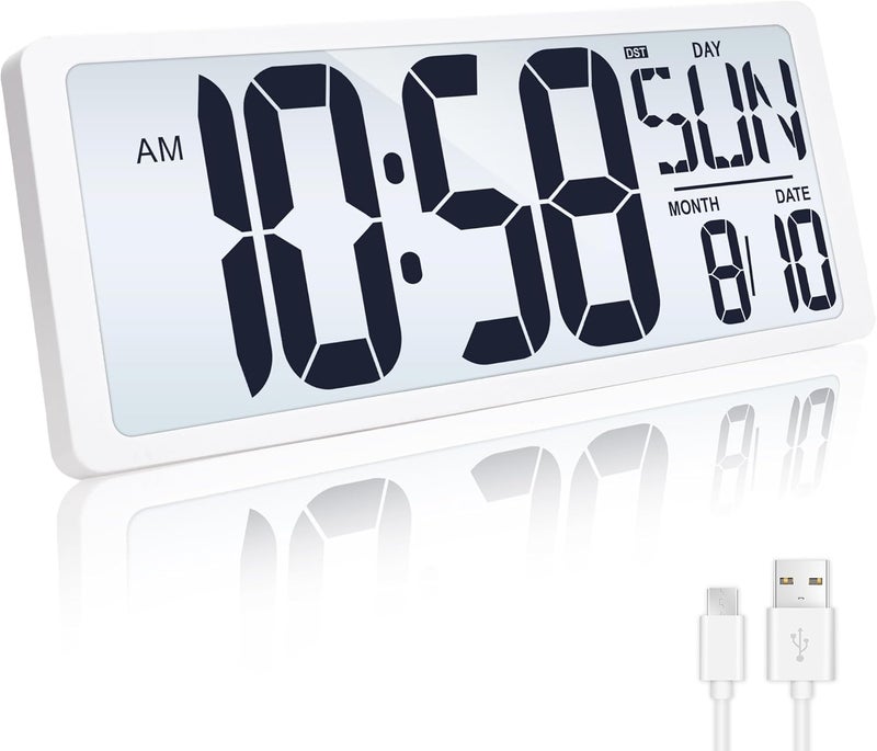 TXL Rechargeable Atomic Clock with Backlight, 14.2" Large Display Digital Wall Clock Battery Operated with Day, Date & Temperature, Large Wall Clock for Bedroom, Livingroom, Office（White） - Image 1
