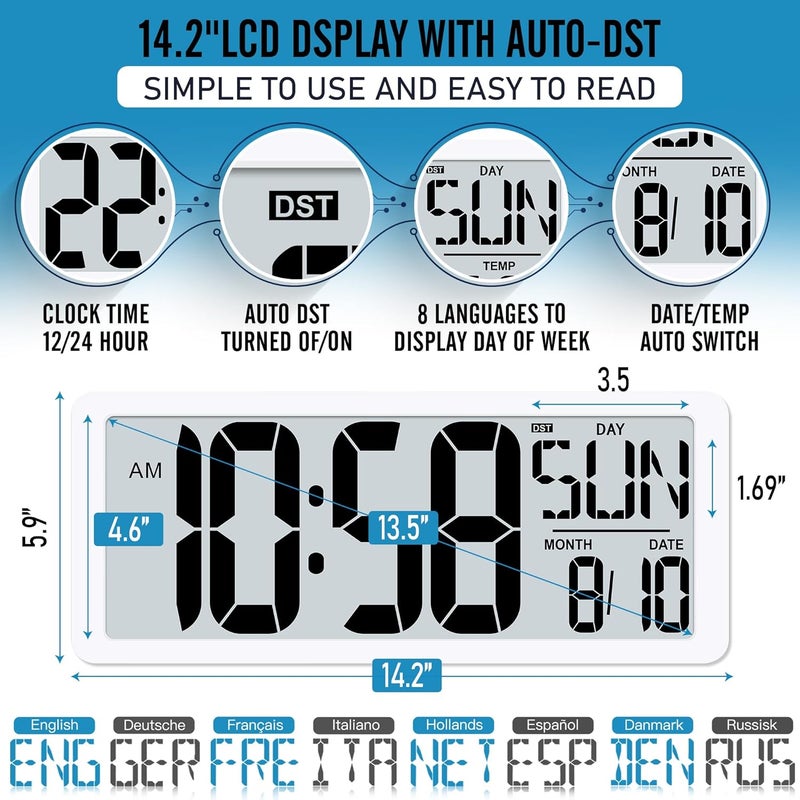 TXL Rechargeable Atomic Clock with Backlight, 14.2" Large Display Digital Wall Clock Battery Operated with Day, Date & Temperature, Large Wall Clock for Bedroom, Livingroom, Office（White） - Image 2