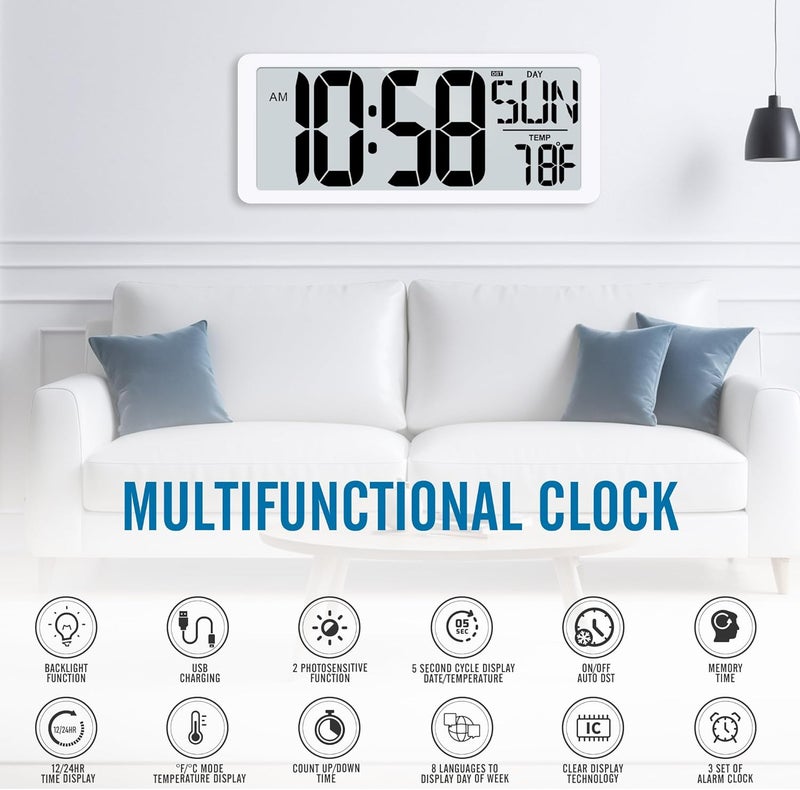 TXL Rechargeable Atomic Clock with Backlight, 14.2" Large Display Digital Wall Clock Battery Operated with Day, Date & Temperature, Large Wall Clock for Bedroom, Livingroom, Office（White） - Image 3