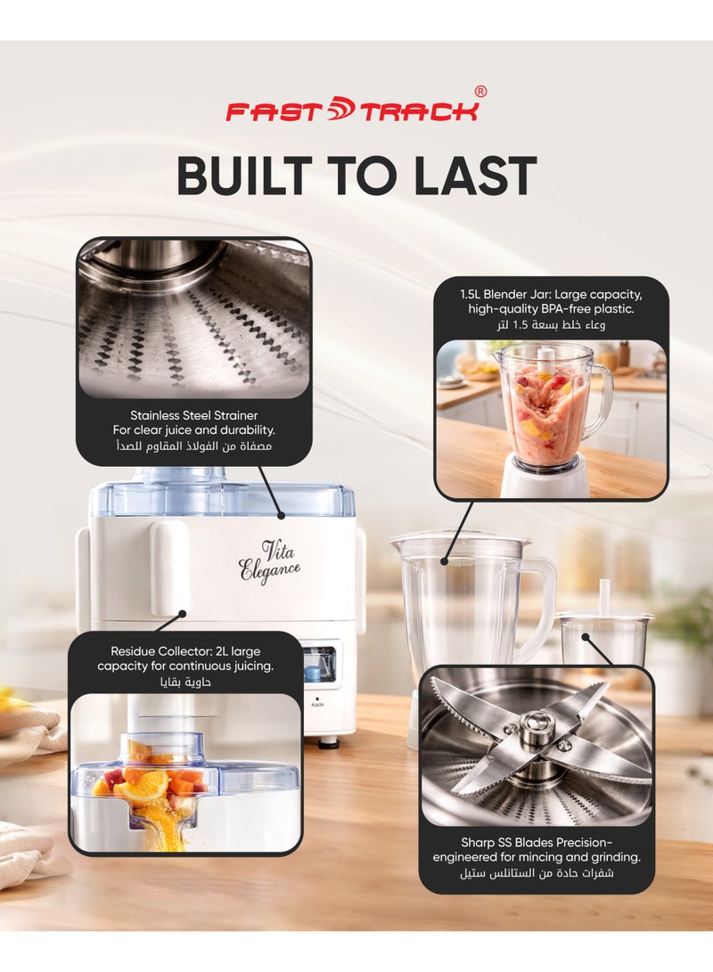 Fast Track 4-in-1 Food Processor 400W | Juicer, Blender, Meat Mincer & Dry Grinder | 2 Speed + Pulse | 1.5L Jar | 2 Years Warranty - Image 4