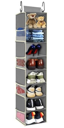 roomtalk LargeSized Hanging Shoe Organizer 8Shelf Hanging Closet Organizer with 8 Side Pockets Wider Hanging Shelves for Storage Shoes Clothes 9 W  118 D 48 H Grey