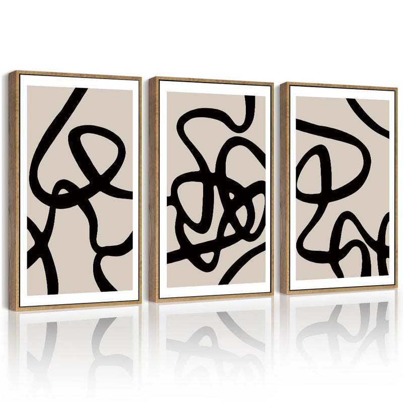 Phopago Black Lines Abstract Wall Art Ink Wash Minimalist Framed Canvas Paint - Image 1
