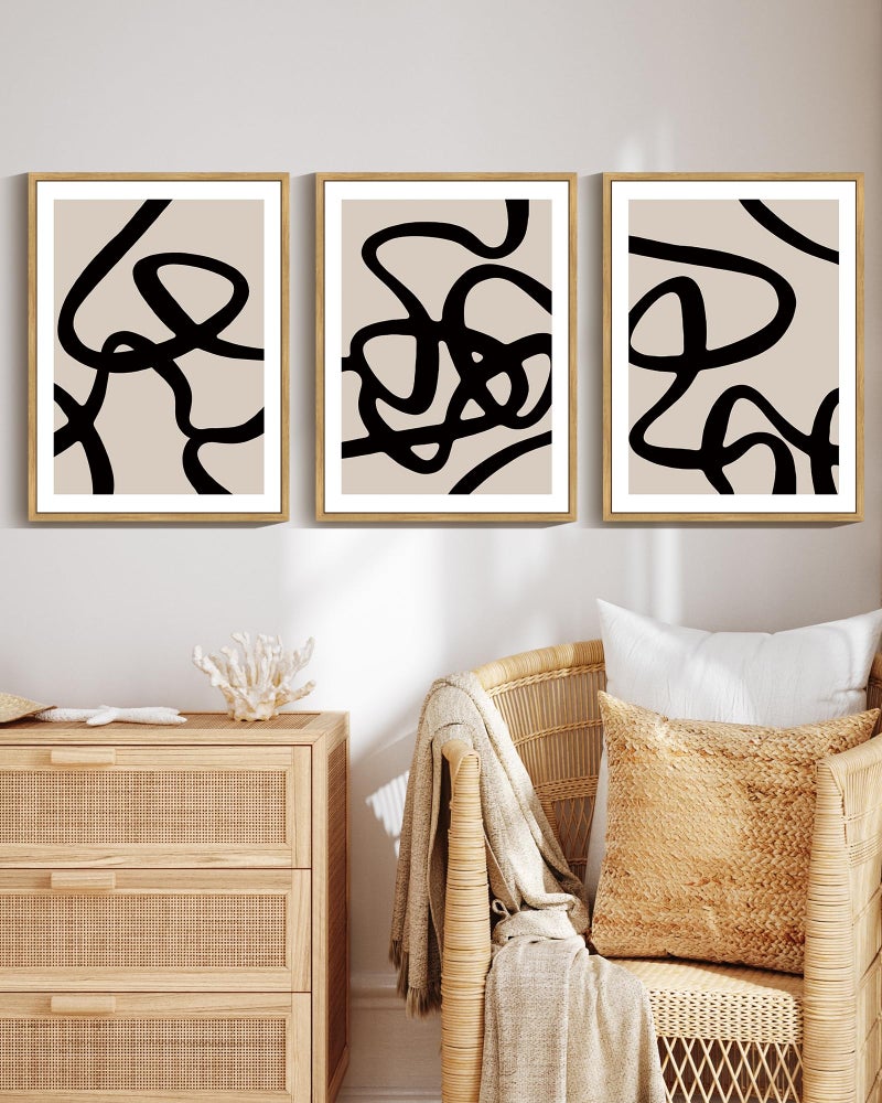 Phopago Black Lines Abstract Wall Art Ink Wash Minimalist Framed Canvas Paint - Image 3