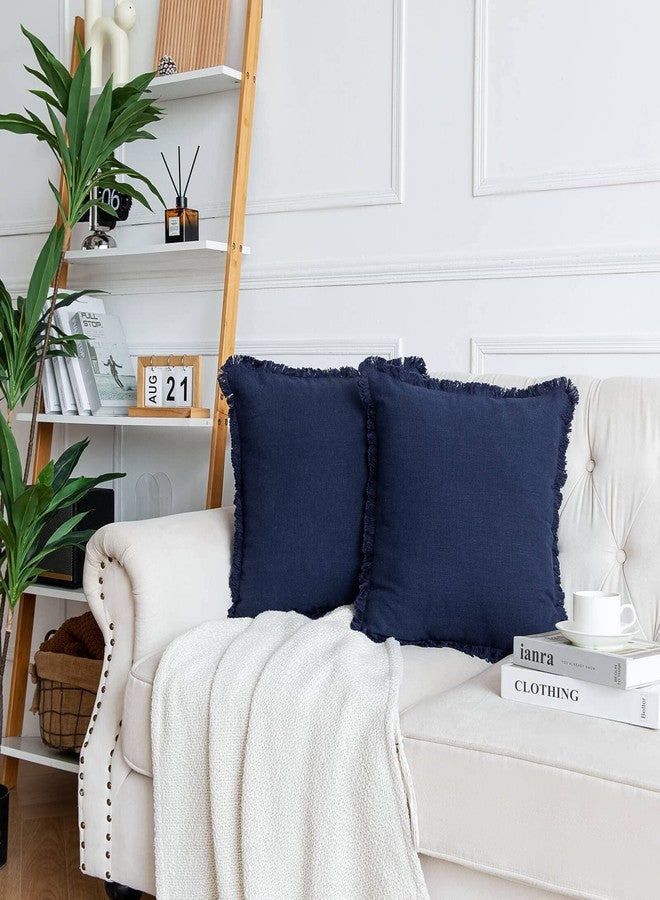 AmHoo Pack of 2 Linen Pillow Covers with Tassels Fringed Decorative Rustic Natural Throw Pillowcase Cushion for Couch Sofa Bedroom 18 x 18-Inch Navy Blue - Image 2