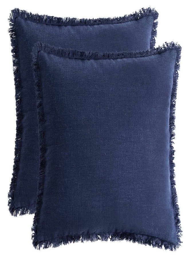 AmHoo Pack of 2 Linen Pillow Covers with Tassels Fringed Decorative Rustic Natural Throw Pillowcase Cushion for Couch Sofa Bedroom 18 x 18-Inch Navy Blue - Image 1