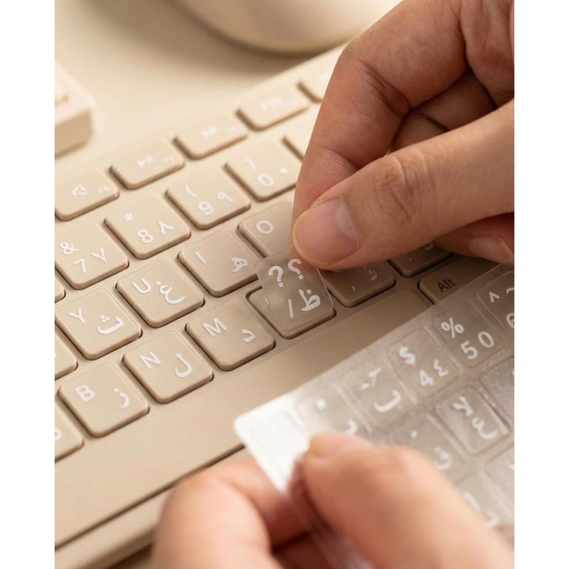 Transparent Arabic Keyboard Stickers White Letters Universal for Laptop and Desktop Waterproof Wear Resistant Clear Background Decals 11mm x 13mm Size for All Computer Keyboards - Image 3