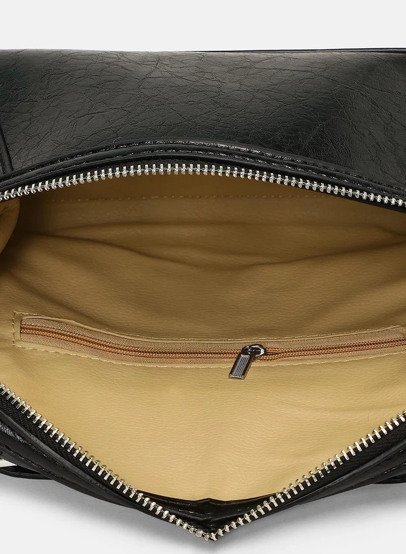 Haute Sauce Solid Zip Lock Regular Vegan Leather Sling Bag with Detachable Strap For Women