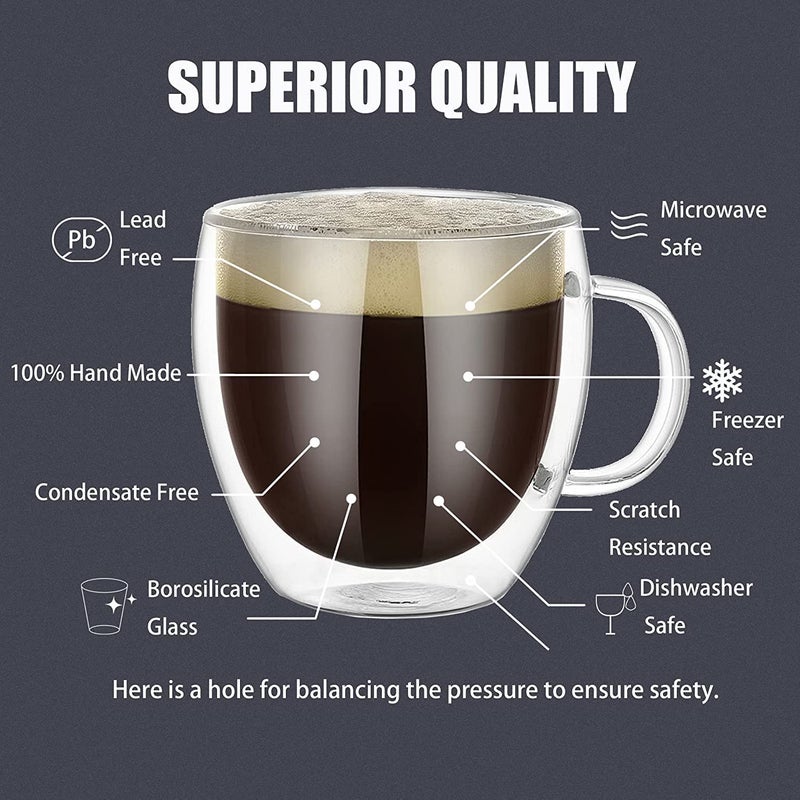 ZROY ENTERPRISE ZROY ENTERPRISE Coffee Mugs Set of 6 250 ml Double Walled Coffee Mug Tea Mug Light Weight Coffee Cups Insulated Coffee Mug with Handle Ideal Glass Set for Daily use 6 250  - Image 2