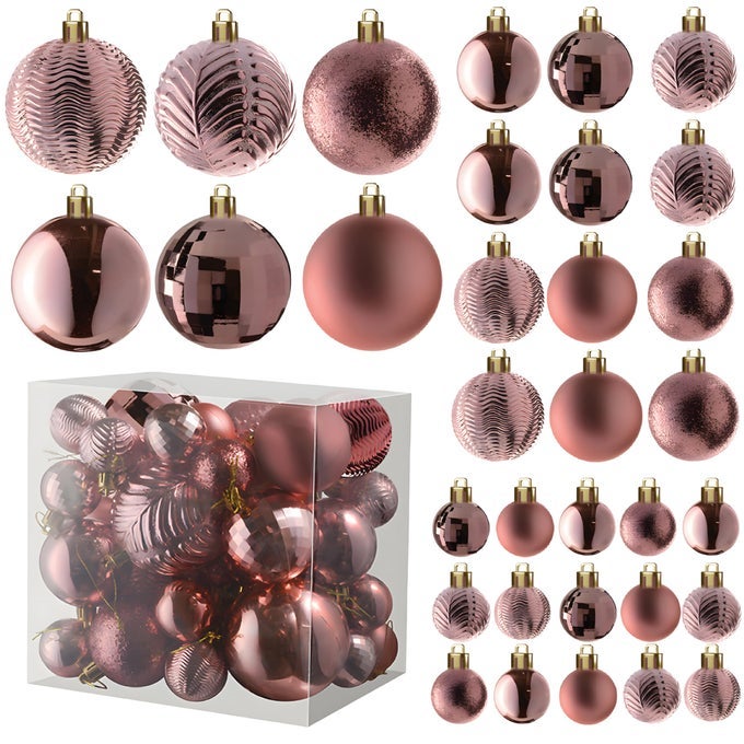 CHAMPAGNE CHRISTMAS BALL ORNAMENTS 36 PCS SHATTERPROOF CHRISTMAS TREE DECORATIONS WITH HANGING LOOPS IN 6 STYLES AND 3 SIZES XMAS ORNAMENTS SET FOR INDOOR AND OUTDOOR DECOR