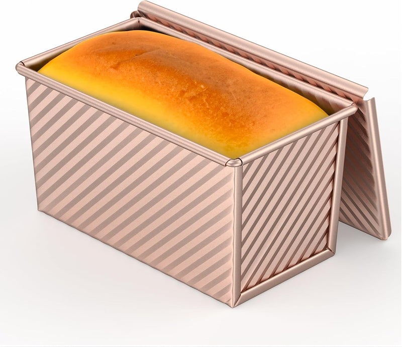 Winproper 8*4 Inch Pullman Loaf Pan with Lid, 1Lb Dough Capacity Bread Loaf Pans, Non-stick Coating, Carbon Steel Bread Mold, Bread Container, Toast Mold for Home Bakeware, Sandwich & Toast Oven Baking, Gold - Image 1