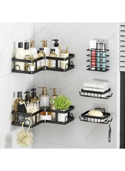 Corner Shower Shelves with 12 Hooks, Set of 5, Rustproof Stainless Steel Organizer with Upgraded Strong Adhesive, No-Drilling Wall Mounted Caddy for Bathroom and Kitchen Storage - Black