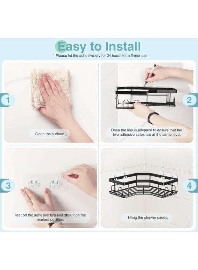 Corner Shower Shelves with 12 Hooks, Set of 5, Rustproof Stainless Steel Organizer with Upgraded Strong Adhesive, No-Drilling Wall Mounted Caddy for Bathroom and Kitchen Storage - Black - Image 4