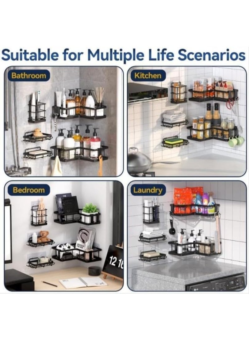 Corner Shower Shelves with 12 Hooks, Set of 5, Rustproof Stainless Steel Organizer with Upgraded Strong Adhesive, No-Drilling Wall Mounted Caddy for Bathroom and Kitchen Storage - Black - Image 2