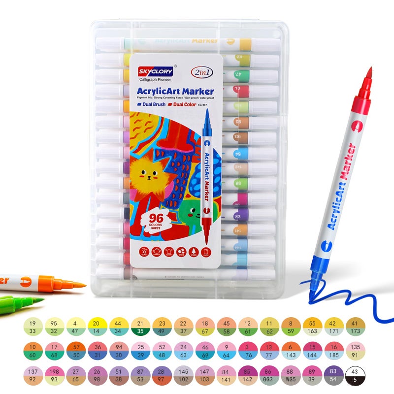 SKYGLORY Acrylic Paint Markers, 96 Colors Acrylic Paint Pens, Dual Brush Tip Acrylic Markers Set, Dual Colors Acrylic Paint Pens for Stone, Wood, Painting, Drawing, DIY Crafts (48 Packs) - Image 2