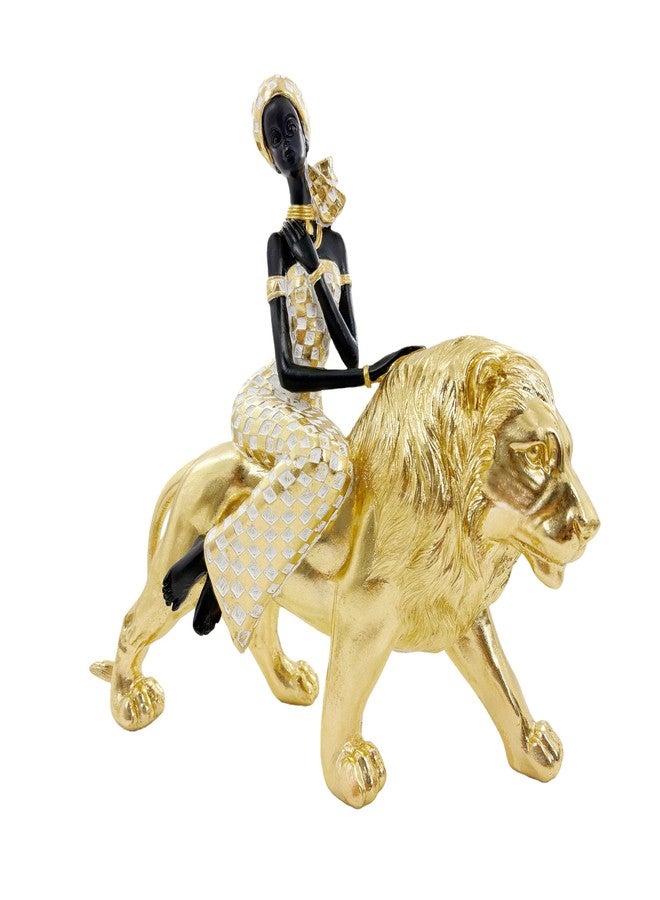 Dwelloria African Woman Riding Golden Lion Statue – Resin Figurine, Tribal Cultural Sculpture, African Decor Centerpiece for Home or Office - Image 1