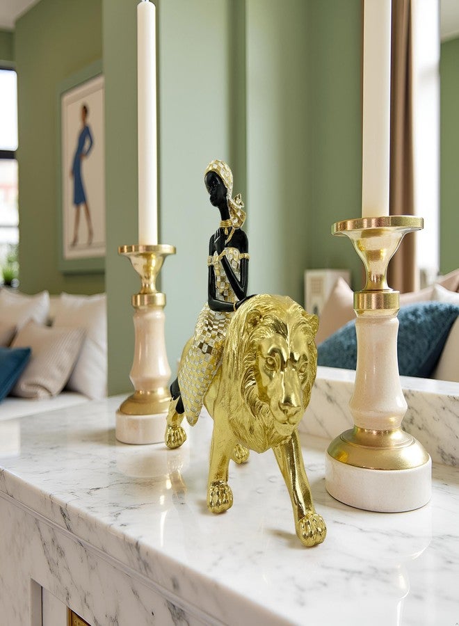 Dwelloria African Woman Riding Golden Lion Statue – Resin Figurine, Tribal Cultural Sculpture, African Decor Centerpiece for Home or Office - Image 3