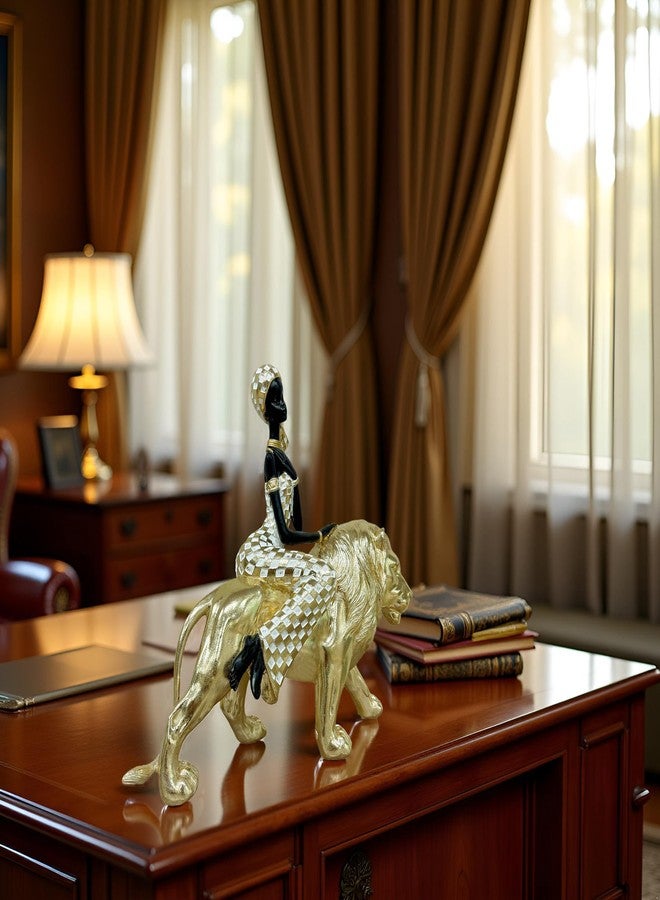 Dwelloria African Woman Riding Golden Lion Statue – Resin Figurine, Tribal Cultural Sculpture, African Decor Centerpiece for Home or Office - Image 2