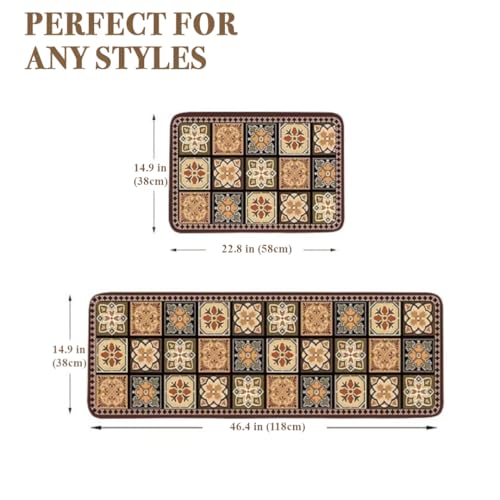 Arviz 2 Pcs Kitchen Mat Vintage Geometric Kitchen Rubber Mat, Waterproof Memory Foam Rugs for Standing Desk, Comfort Runner Rug Carpets for Kitchen Floor Sink Office Bathroom - Image 2