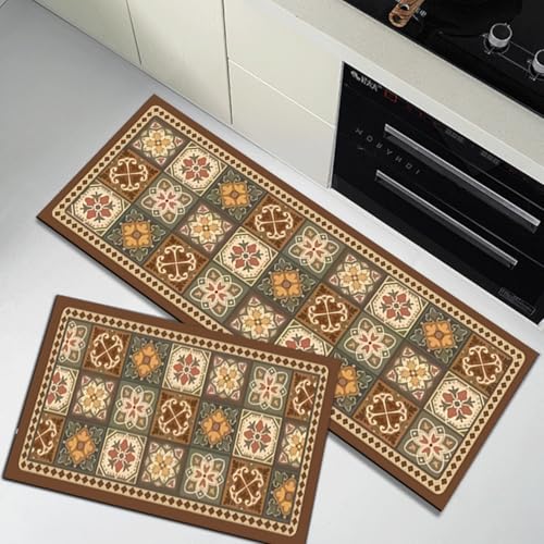 Arviz 2 Pcs Kitchen Mat Vintage Geometric Kitchen Rubber Mat, Waterproof Memory Foam Rugs for Standing Desk, Comfort Runner Rug Carpets for Kitchen Floor Sink Office Bathroom - Image 3