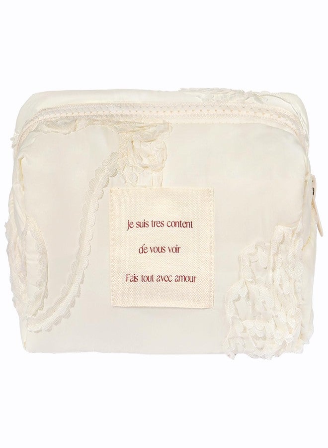 Sminra White Makeup Bag Small Nylon Cotton Quilted Cosmetic Makeup Bag Organizer, Aesthetic Floral Waterproof Portable Pouch Purse Toiletry Bag for Women Girls Travel accessories (White Lace-S) - Image 1