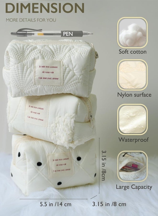 Sminra White Makeup Bag Small Nylon Cotton Quilted Cosmetic Makeup Bag Organizer, Aesthetic Floral Waterproof Portable Pouch Purse Toiletry Bag for Women Girls Travel accessories (White Lace-S) - Image 2