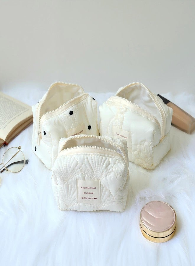 Sminra White Makeup Bag Small Nylon Cotton Quilted Cosmetic Makeup Bag Organizer, Aesthetic Floral Waterproof Portable Pouch Purse Toiletry Bag for Women Girls Travel accessories (White Lace-S) - Image 5