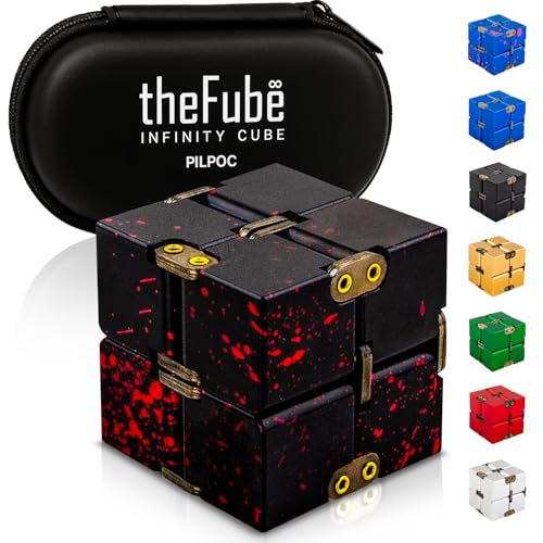 PILPOC theFube Infinity Cube Fidget Desk Toy - Aluminum Infinite Magic Cube with Case, Sturdy, Heavy, Relieve Stress and Anxiety, for ADD, ADHD, OCD (Black Red) - Image 1