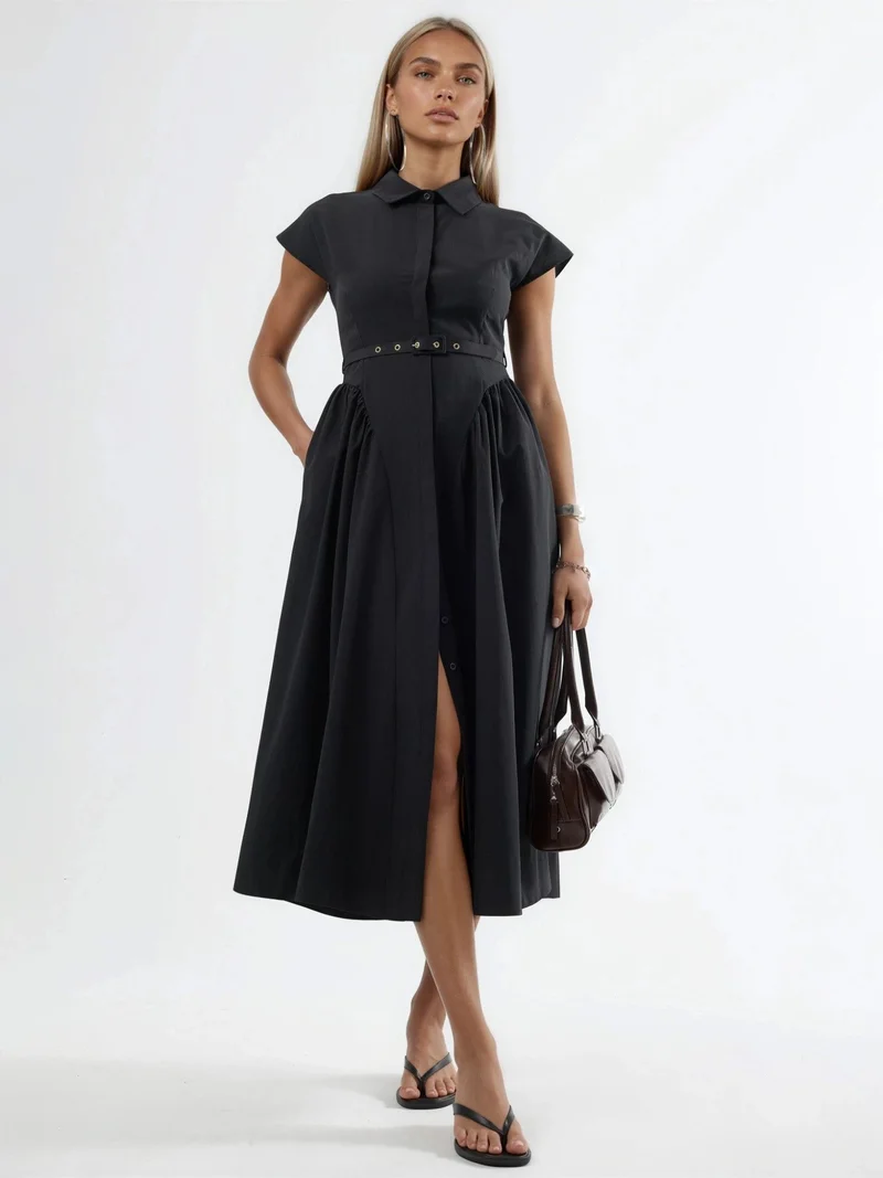Busem BUSEM Belted Midi Dress with Shirt Collar