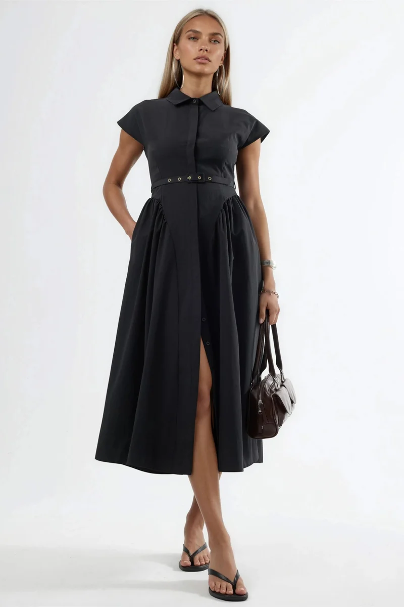 بوسيم BUSEM Belted Midi Dress with Shirt Collar
