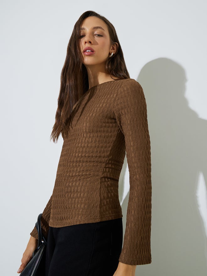 Styli Brown Textured Boat Neck Fitted Top - Image 1