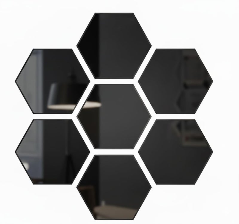 HFR Hexagon Acrylic Mirror Wall Decor Stickers 7Pcs, Shatterproof Reflective DIY Mirrors - Multi-Color & Multi-Piece Sets (Black)