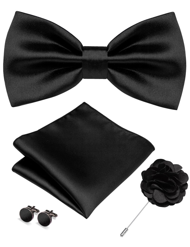 RBOCOTT Black Bow Tie for Men Silk Bowtie and Pocket Square with Lapel Pin Cufflinks Set (1) - Image 1