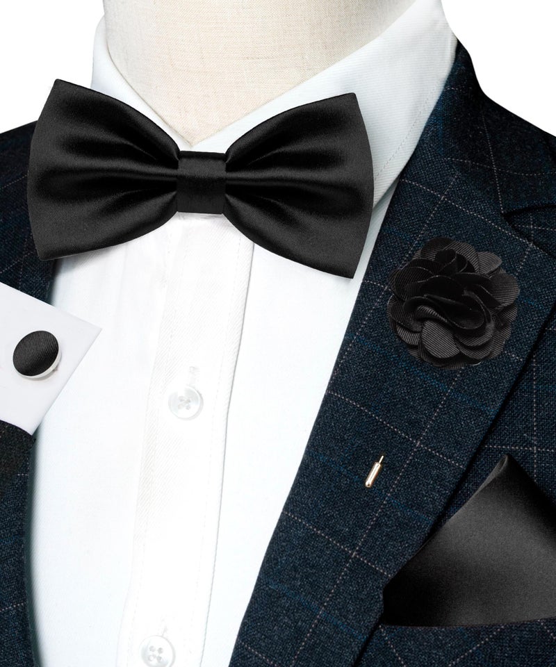 RBOCOTT Black Bow Tie for Men Silk Bowtie and Pocket Square with Lapel Pin Cufflinks Set (1) - Image 2