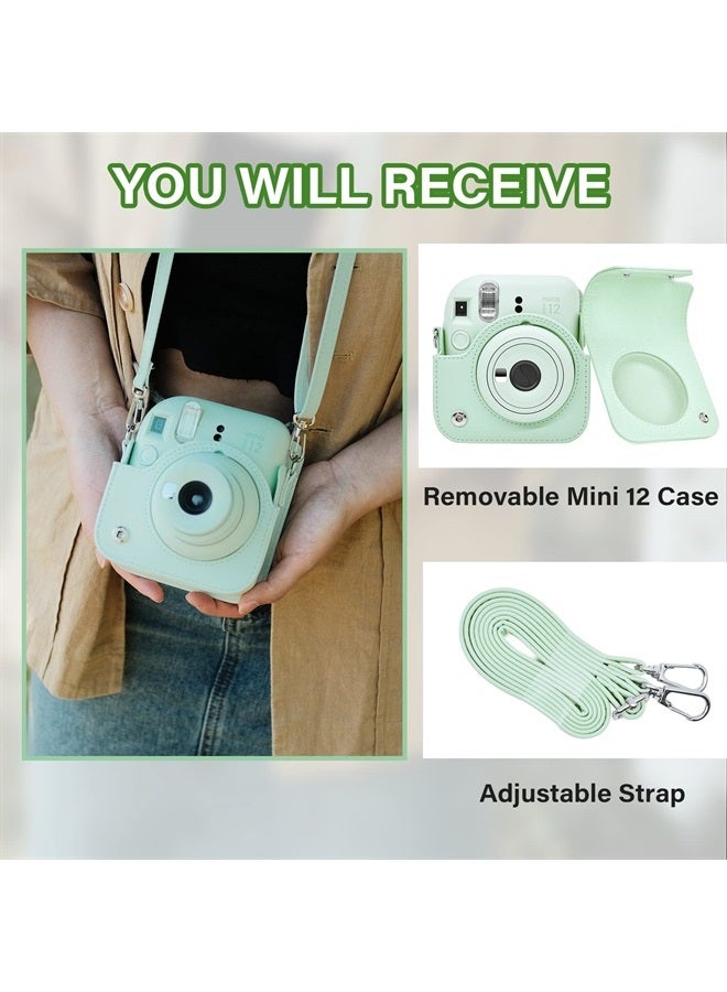 Rieibi حافظة كاميرا متوافقة مع فوجي إنستكس ميني 12 - حافظة بولارويد إنستكس 12 لكاميرا فوجي فيلم إنستكس ميني 12 الفورية - غطاء حقيبة فوجي ميني 12 مع حزام - أخضر نعناعي - Image 2