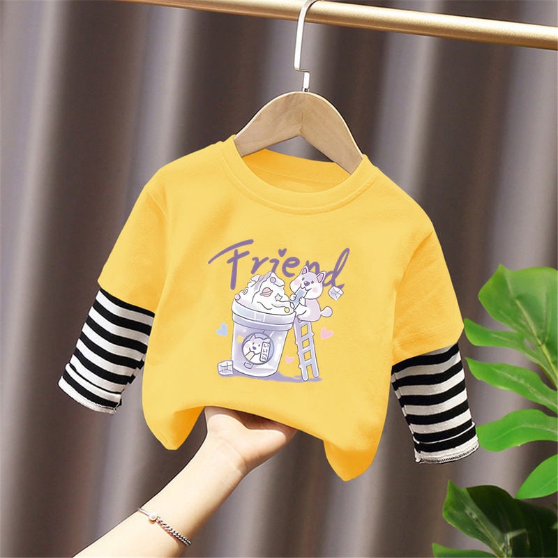 G2303# Children'S Long Sleeve T-Shirt Pure Cotton Fake Two-Piece Boys Autumn New Baby Children'S Wear Base Shirt - Image 3