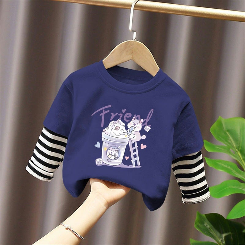 G2303# Children'S Long Sleeve T-Shirt Pure Cotton Fake Two-Piece Boys Autumn New Baby Children'S Wear Base Shirt - Image 2