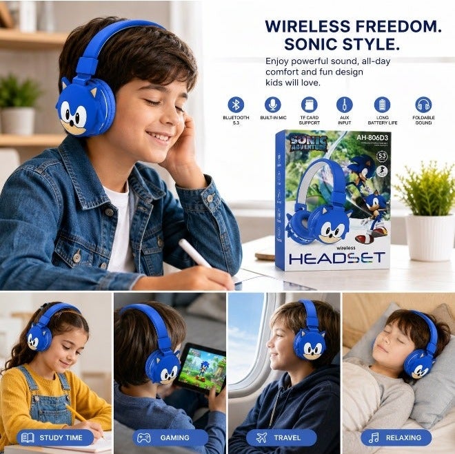 Sonic Wireless Bluetooth Headphones for Kids - High-Resolution Sound, 400mAh Battery, 18 Hours of Playtime, Built-in Microphone, Volume Control - Image 2