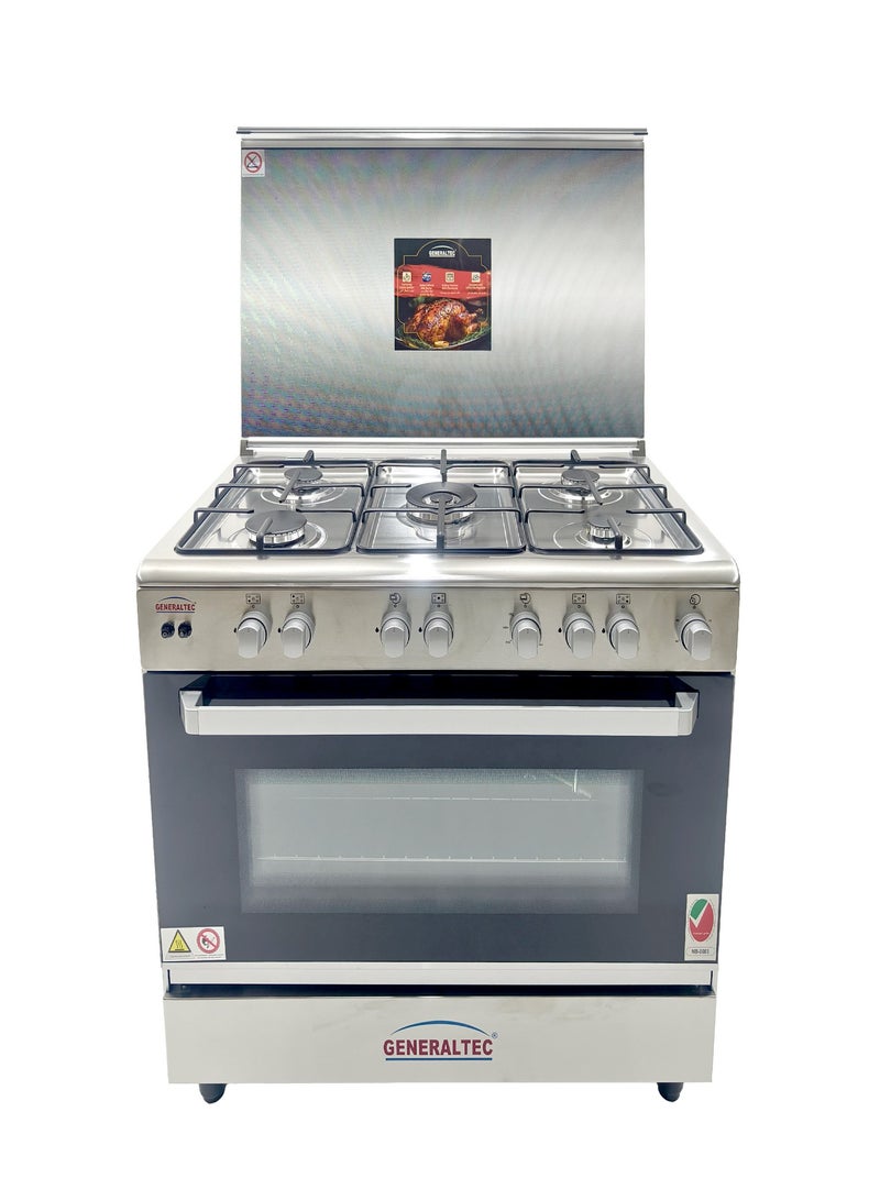 Generaltec 90x60 cm Cooking Range - Auto Ignition, 5 Full-Safety Italian Burners, Easy to Clean, Full Safety Gas Regulator - Assembled in China with Turkish Spare Parts - 1-Year Full Manufacturer Warranty 5 GC96SF Silver