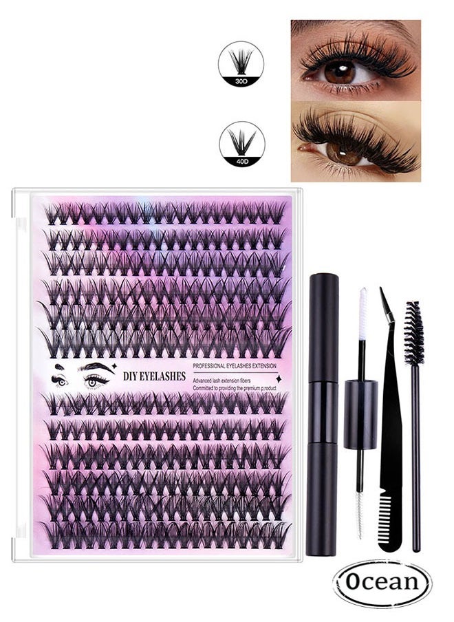 Ocean - Segmented false eyelash set 240 clusters, 30D 40D Mix Lash Clusters, with Double Headed Glue, Tweezers, and Eyelash Brush, Eyelash Extension Kit, Enlarge Eyes Naturally, Curl Eyelash, DIY Eyelashes - Image 1