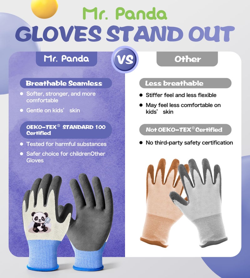 Mr.Panda Mr. Panda 3 Pairs Skin-Friendly kids gardening gloves for Age 2-4, Rubber Coated childrens garden gloves, toddler work gloves, XXXS - Image 4