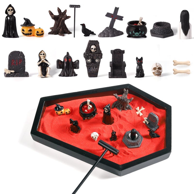 funsky Coffin Zen Garden for Desk,Mini Zen Garden Kit Goth Accessories for Office Spooky Witchy Fantasy Whimsigoth Home Room Decorï¼ŒHalloween Miniatures Town Village Horror Figurines Decorations Gifts - Image 1