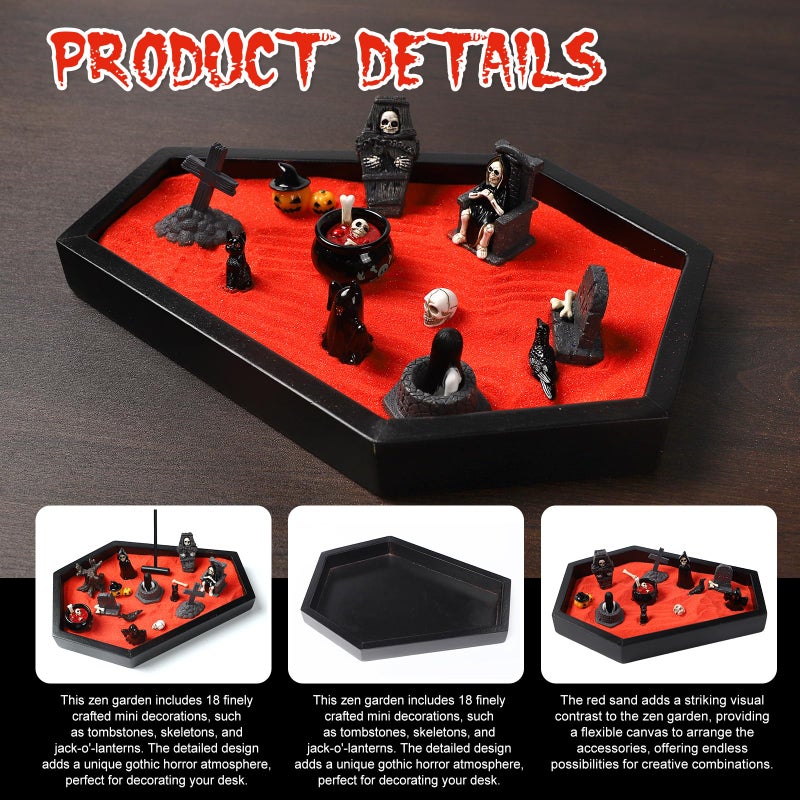funsky Coffin Zen Garden for Desk,Mini Zen Garden Kit Goth Accessories for Office Spooky Witchy Fantasy Whimsigoth Home Room Decorï¼ŒHalloween Miniatures Town Village Horror Figurines Decorations Gifts - Image 3