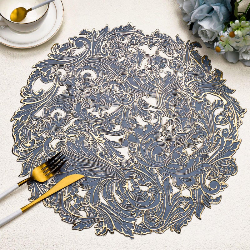Evevda 15 inch Gold and Blue Placemats Set of 6 Round Reusable Vinyl Kitchen Table Mats for Home Wedding Party Dining Table Decoration - Image 1